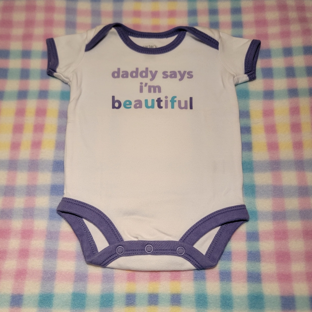 CARTER'S ♡ Adorable Purple Trim "DADDY SAYS I'M BEAUTIFUL" Bodysuit Onesie NB